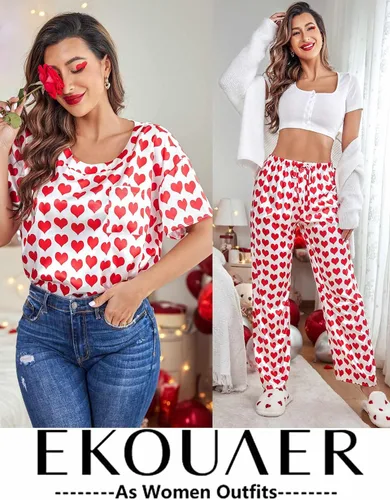 Vista 5 de Ekouaer Conjunto de pijama sedoso de satén para mujer, camisa de manga corta con pantalón largo de pijama, conjunto de pijama suave