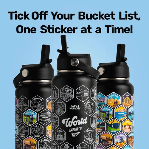 Vista 3 de LET'S WANDER - Botella de agua para aventureros del mundo con 50 pegatinas impermeables - 32 onzas, botella de acero inoxidable aislada y a prueba