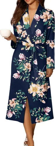 Vista 10 de Ekouaer Batas para mujer de manga larga, kimono de punto, bata de baño, ropa de dormir suave y ligera de algodón para damas Azul