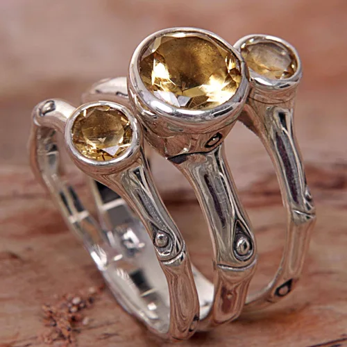 Vista 3 de NOVICA Rocío de bambú hecho a mano anillo multipiedra de plata de ley citrina anillos de citrino de 2 quilates para mujer anillo de lapislázuli