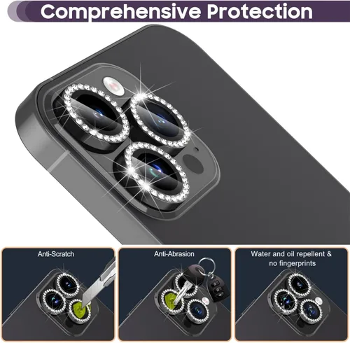 Vista 3 de Suoman Protector de lente de cámara para iPhone 14 Pro Max / 14 Pro, [Diamantes Bling] vidrio templado 9H, cubierta protectora de metal de cobertura