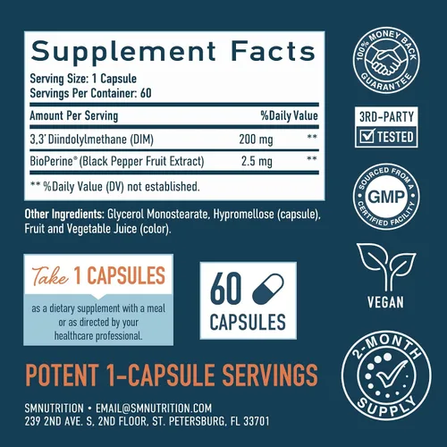 Vista 6 de Suplemento DIM 200 mg para el equilibrio hormonal, microperlas de liberación retardada Estrogen Balance for Women & Men, Hormonal Acne