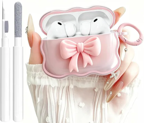 Vista 7 de Bonita funda transparente para AirPods Pro 2/1 Gen, diseño de lazo 3D femenino, funda protectora y a prueba de golpes de TPU suave Kawaii para Apple