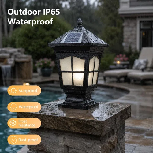 Vista 4 de Luces solares de columna para exteriores, IP65, impermeables, externas, tricolor, atenuación, luces de poste de luz de poste de aluminio para patio