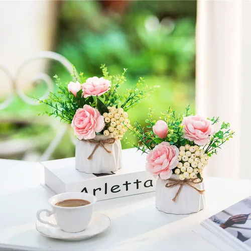 Vista 3 de BLOSMON Flores sintéticas en jarrón para decoración de mesa, 2 piezas, pequeñas, rosas rosadas