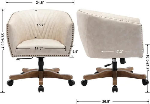 Vista 2 de Silla de escritorio de piel sintética beige, silla de escritorio tapizada giratoria con brazo ajustable con cabezas de clavos, cómoda silla
