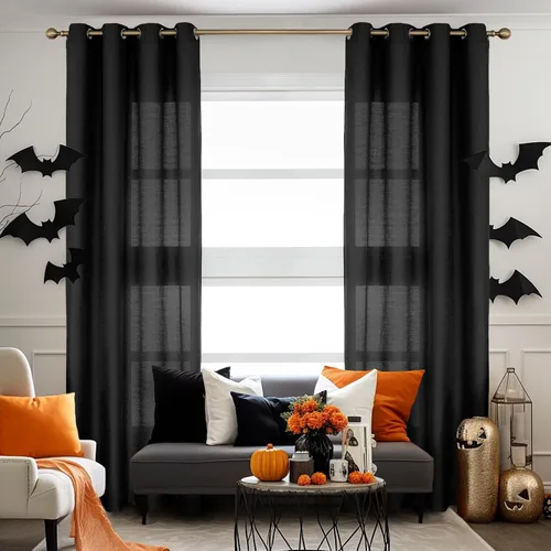 Vista 9 de Melodieux Cortinas Semitransparentes Negras de 63 Pulgadas de Largo para Ventanas Pequeñas de Sala de Estar y Dormitorio con Aspecto de Lino Rústico