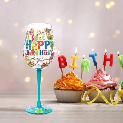 Vista 2 de NymphFable Happy Birthday - Copa de vino pintada a mano para mujer, 15 onzas Gift-Boxed for Birthday Celebrations, Hand-Blown Goblet