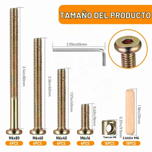 Vista 2 de Kit de Repuesto de 16 Piezas para Cuna, Pernos y Tuercas de Barril y Clavijas de Madera, Tornillos de Cabeza Hexagonal con Casquillo para Cabeceros