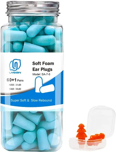 Vista 2 de LYSIAN Tapones para los oídos de espuma ultra suave, 60 pares de tapones para los oídos delgados de espuma azul lago y 100 pares de tapones