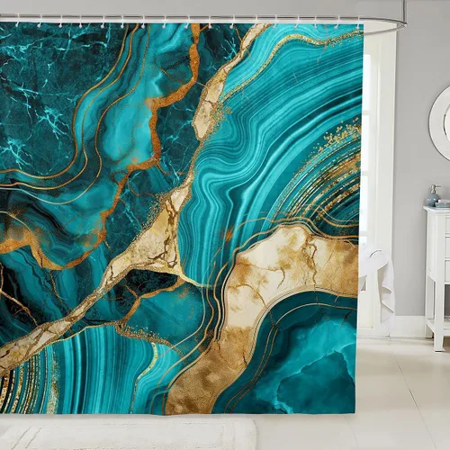Vista 19 de Erosebridal Cortina de ducha de mármol negro, 72 pulgadas de ancho x 72 pulgadas de largo, juego de baño con grietas doradas, tela de textura