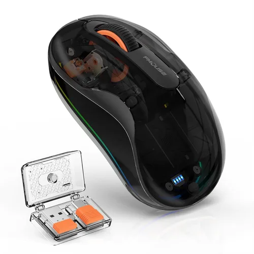 Vista 2 de Ratón inalámbrico Bluetooth, mouse RGB transparente de tres modos, Bluetooth y 2.4 GHz para múltiples dispositivos, receptor USB-C, ideal para Negro
