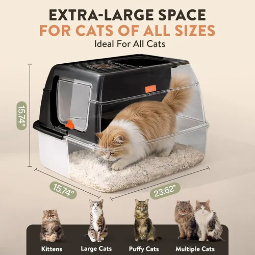 Vista 3 de Caja de arena XL de acero inoxidable para gatos con recinto y rastrillo - Caja de arena negra duradera de metal para gatos grandes, lados altos