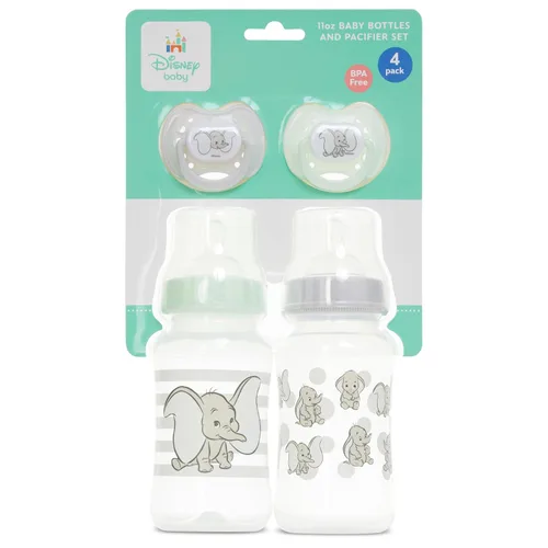 Vista 2 de Disney Juego de biberones y chupetes para bebé, 2 botellas en forma de reloj de arena de 11 onzas + 2 chupetes de ortodoncia, diseños con licencia