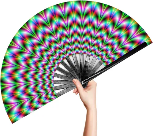 Vista 8 de OMyTea Rave Clack - Ventilador de mano para hombres y mujeres – Ventilador de mano plegable de bambú chino japonés – para EDM, festival de música