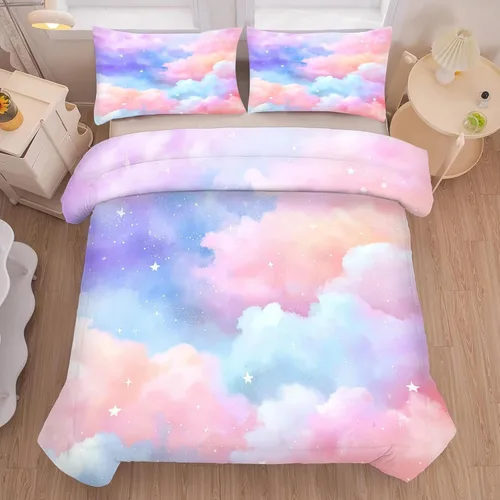 Vista 33 de kxry Lindo juego de edredón de niña negra, juegos de ropa de cama individual de niña afroamericana para niños, bonito edredón de nubes estrelladas