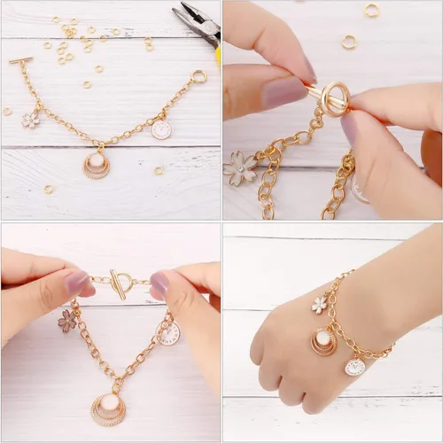 Vista 5 de Hicarer 12 pulseras de cadena de oro a granel con dijes de aleación de metal para hacer joyas, pulseras de eslabones chapados, kit de cierres