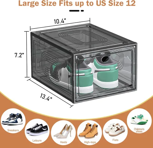 Vista 4 de caktraie Paquete de 10 organizadores de zapatos gruesos apilables, caja de almacenamiento de zapatos resistente mejorada con puerta magnética, Negro