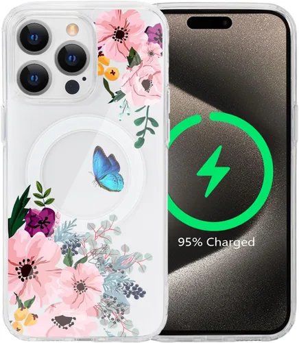 Vista 19 de Funda magnética de flores para iPhone 15 [compatible con MagSafe] Bonito patrón floral transparente a prueba de golpes
