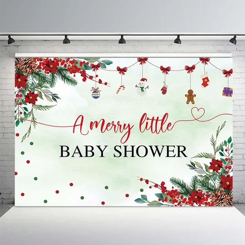 Vista 2 de MEHOFOND Telón de fondo de Navidad de 7 x 5 pies para baby shower con texto en inglés "A Merry Little Baby Shower Decoraciones", pancarta roja