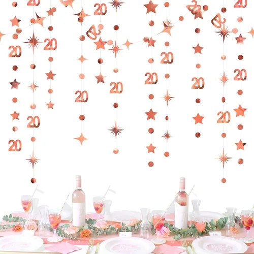 Vista 8 de Decoraciones negras de 20 cumpleaños número 20 círculo estrella metálica colgante serpentina telón de fondo para mujeres y hombres saludos a 20 años