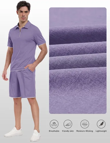 Vista 3 de MoFiz Conjunto de pantalones cortos para hombre, camisa polo con cremallera de un cuarto, pantalones cortos, trajes deportivos, conjuntos casuales