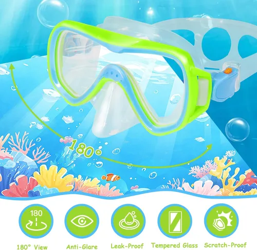Vista 5 de Snorkeling Gear for Kids, Mask Fins Snorkel Set for Kid Panoramic View Diving Mask Anti-Fog Anti-Leak Dry Top Snorkel and Dive Flippers with Travel