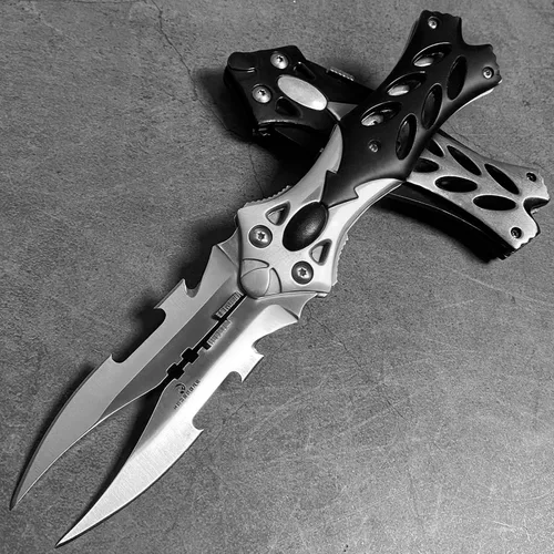 Vista 9 de MADSABRE Cuchillo de bolsillo de doble hoja genial de 8.5", cuchillo plegable de camping con clip y mango de aluminio, herramientas de supervivencia