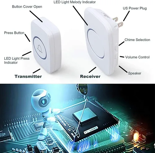 Vista 4 de Timbre inalámbrico. Equipo de timbre para puerta, resistente al agua, con 1 receptor y 1 botón a presión con transmisor. Funciona a 500 pies. Con