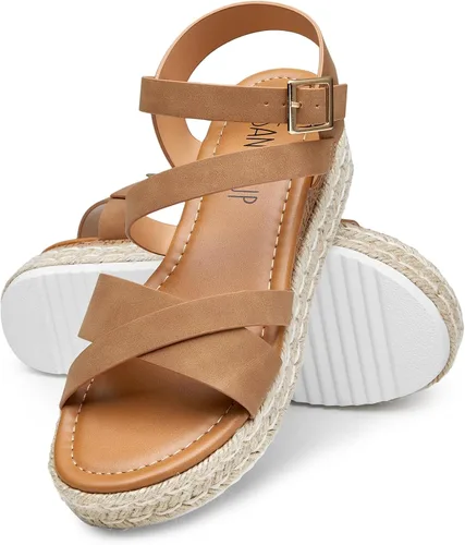Vista 5 de SANDALUP Sandalias de plataforma para mujer, hebilla y correa de tobillo con correa de tobillo, plataforma de cuña sintética, alpargatas