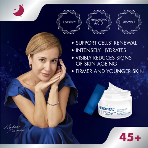 Vista 3 de GEROVITAL H3 CLASSIC - Crema de noche nutritiva antiarrugas con Juvinity™ + Vitamina E + Ácido Hialurónico, 45+ (1.7 fl oz)