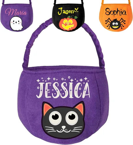 Vista 12 de Cubo personalizado de Halloween con nombre, cesta de dulce o truco de Halloween, regalo personalizado para niños y niñas, color negro
