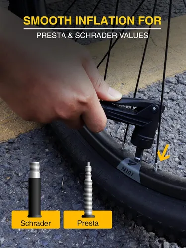 Vista 3 de Inflador de neumáticos de bicicleta con medidor de presión analógico de doble escala de 230 PSI, portabrocas de aire de bloqueo universal Presta