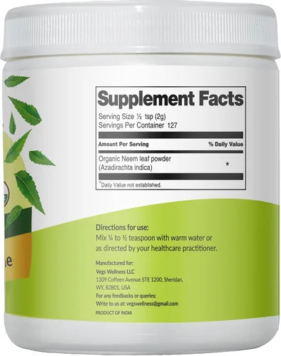 Vista 2 de Polvo orgánico de hoja de neem - Polvo de hojas de neem verde liofilizado - Apoya el crecimiento del cabello, la salud de la piel y el intestino