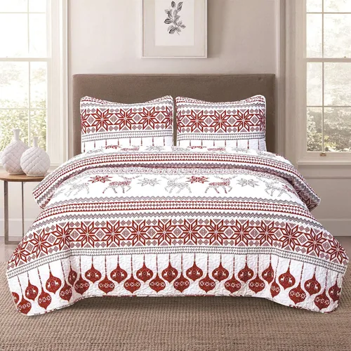 Vista 3 de HowPlum Christmas Cheer Winter Script Edredón Ligero de Vacaciones Juego de Ropa de Cama Full/Queen, Rojo Verde Blanco