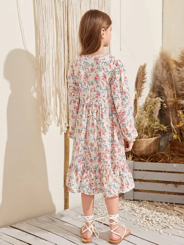 Vista 2 de WDIRARA Vestido midi de manga larga con estampado floral para niña, cuello redondo, dobladillo con volantes