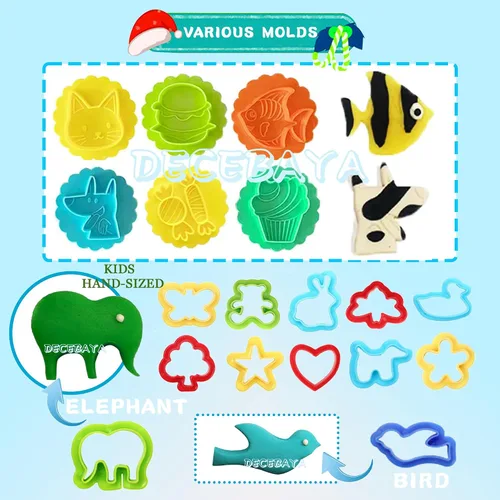 Vista 3 de Juego de herramientas de masa para niños, accesorios de juguete que incluyen sellos, cortador de tijera, moldes de extrusora de rodillos y caja