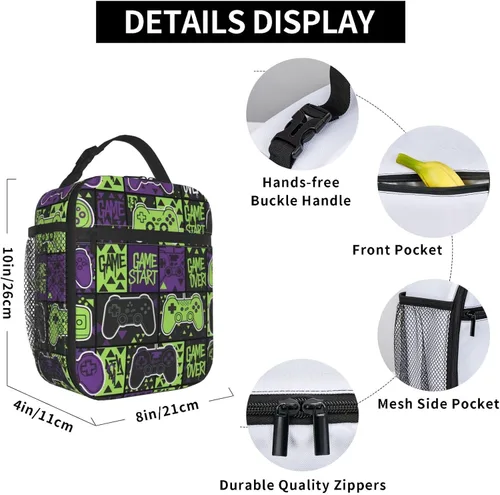 Vista 5 de Bolsa de almuerzo aislada con control de juegos morado y verde para adultos, mujeres y hombres, a prueba de fugas con asa de hebilla desmontable 8