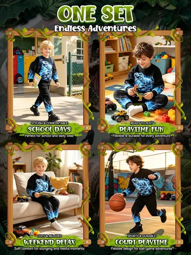 Vista 5 de Ochine Ropa para niños pequeños, sudadera de manga larga con estampado de dinosaurio T-Rex, sudadera y pantalones, 2 piezas, trajes de otoño e