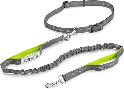 Vista 11 de Tuff Mutt Correa de cintura manos libres para perros para caminar, correr y hacer senderismo, clip de mosquetón, cinturón ajustable con doble asa