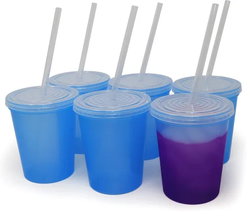 Vista 7 de Rolling Sands - Vasos de plástico reutilizables de 16 onzas con tapas, 6 unidades, hechos en EE. UU.; vasos y tapas de plástico, incluye 6 pajitas