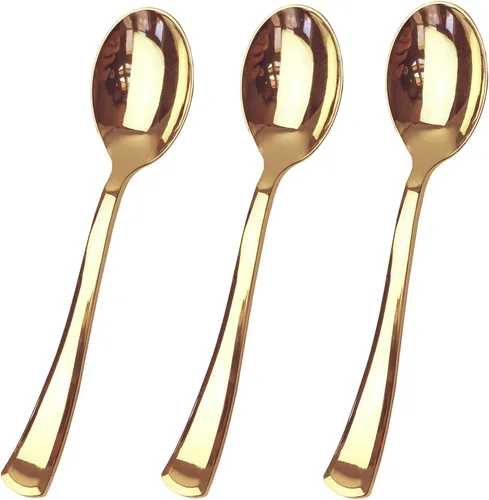 Vista 11 de Juego de cubiertos de plástico dorado de 120 piezas, reutilizables y reciclables, utensilios de plástico dorado para bodas, aniversarios, duchas