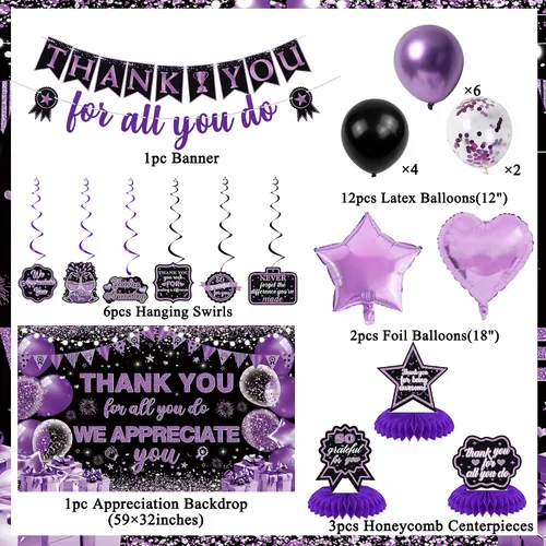 Vista 2 de Vlipoeasn Decoraciones de Pancarta We Appreciate You, Pancarta de Fondo Negro Morado Thank You for All You Do Panal de Abeja, Decoración de Oficina