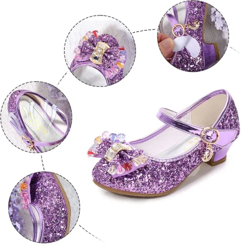 Vista 3 de Zapatos de princesa para niños y niñas, con lentejuelas y diamantes de imitación, zapatos de baile de cristal para niños (morado, 5 años)