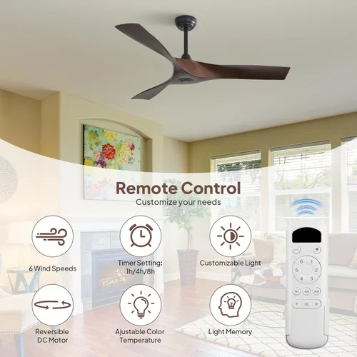 Vista 3 de Sofucor Ventilador de techo de 52 pulgadas sin luz, moderno ventilador de techo de hélice con 3 aspas ABS, motor de CC silencioso, 6 velocidades