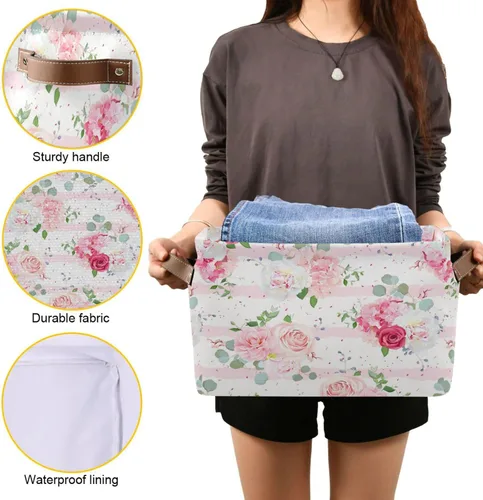 Vista 7 de Cesta de almacenamiento plegable con asas de cuero, con estampado de flores florales, organizador para estante Bethroom, armario, oficina, hogar, 1