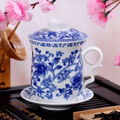 Vista 7 de Taza de té de porcelana con tapa de infusor y juegos de platillo, taza de té de cerámica china Jingdezhen, taza de té de hojas sueltas para oficina
