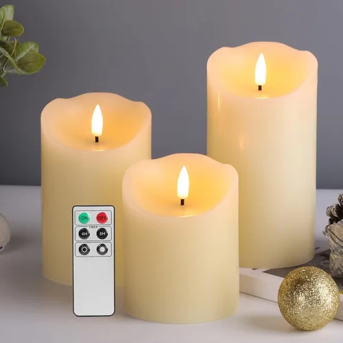 Vista 15 de Eywamage Velas de Pilar Blancas Sin Llama con Control Remoto, Velas de Cera LED Realistas Parpadeantes Alimentadas por Batería, Φ 3" H 4" 5" 6