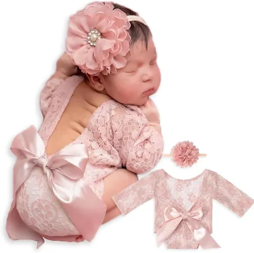 Vista 11 de ForBaysy Accesorios de Fotografía para Recién Nacidos Conjunto de Niña Mameluco de Encaje a Juego con Linda Diadema de Flores Vestido para Recién