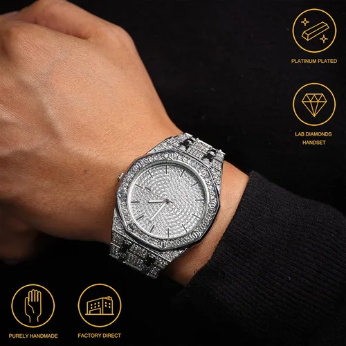 Vista 2 de Halukakah Reloj de diamantes para hombre, cazador, chapado en oro real de 18 quilates, chapado en oro blanco platino y diamantes helados, esfera